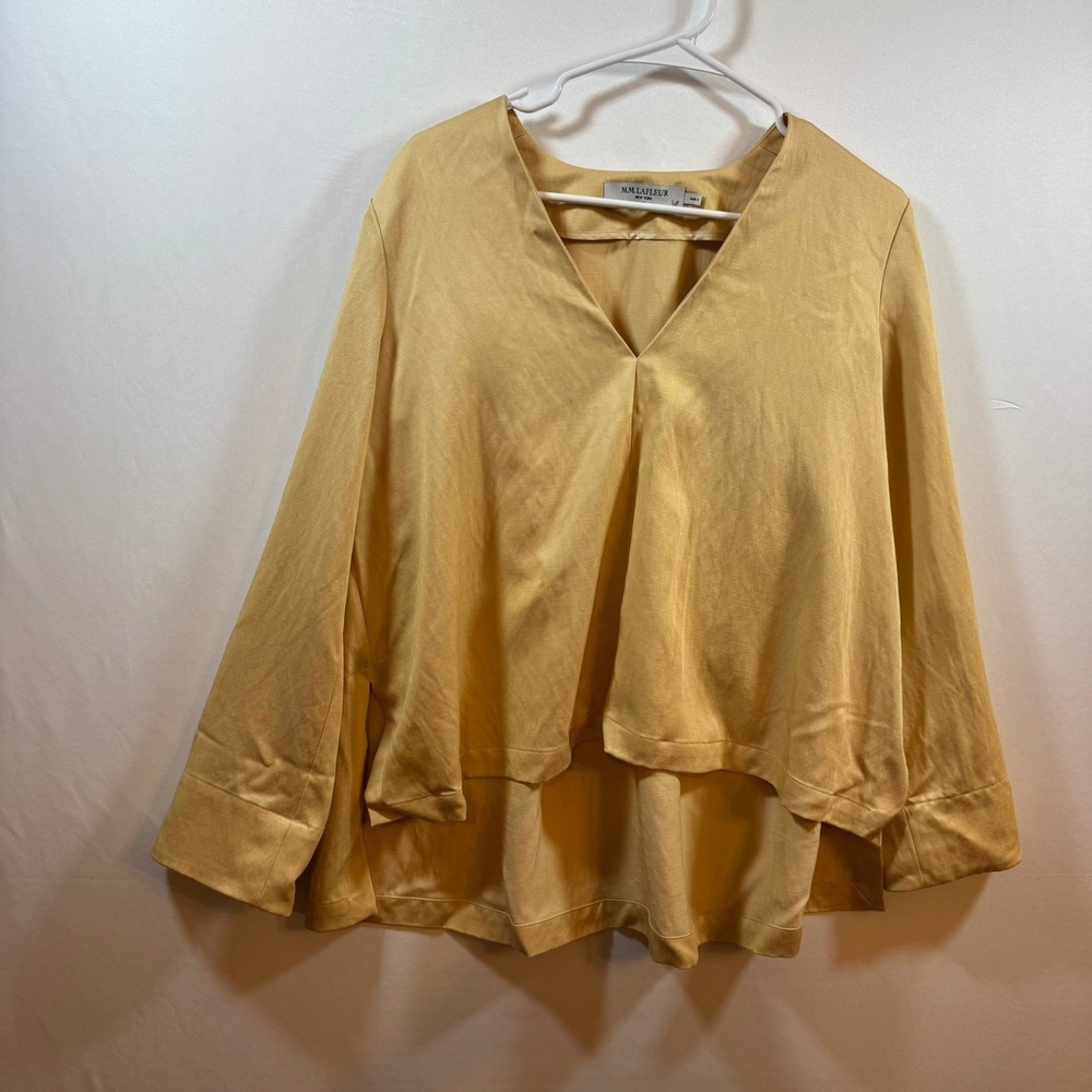 MM LaFleur Honey Yellow Tiered V-Neck Blouse Tencel Blend Long Sleeve Top S